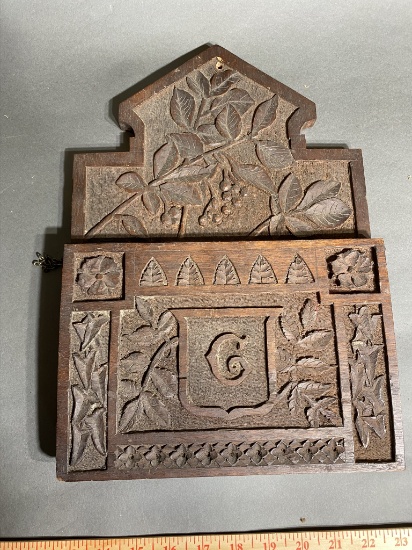 Antique Folk Art Carved Letter Holder Wall Pocket