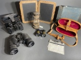 Group lot antique binoculars, lantern and more