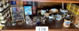 Shelf lot of glass miniatures, spice containers, souvenirs etc