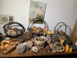 Group of Decorative Baskets, Carvings, Wicker Balls & More