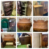 Folding Shelf, Green Shelf, 2 Crates, 3 Metal Folding Chairs, Coat Rack  & Dry Sink