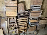 Wall lot of fruit crates, scooter, ladder