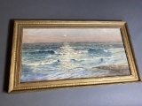 Antique painting watercolor on board ocean moon rise