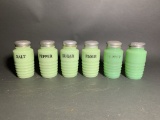 Vintage Beehive Style Jadeite Salt, 2 Pepper, Sugar, Flower & 1 Not Marked Shakers