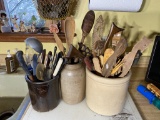 Primitive Carved Utensils in Stoneware Containers