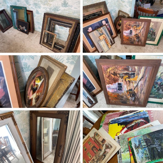 Large Lot Vintage Art, Prints, Antique Frames and Mirrors