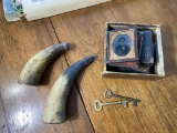Antique Powder Horns, Brass Skeleton Keys, Cased Photographs