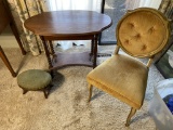 Upholstered Chair, Stool, Antique Barley Twist Table with Drawer