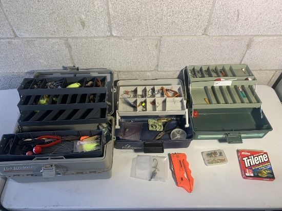 3 Tackle Boxes with Assorted Fishing Supplies - Berkley Line, Hooks, Bobbers, Soft Bait & More