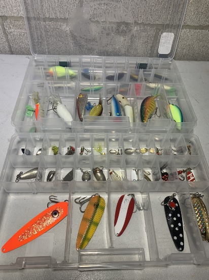 2 Fishing  Tackle Storage Containers Full of  Spoon Bait Fishing Lures, Jig Lures, & Hard Bait