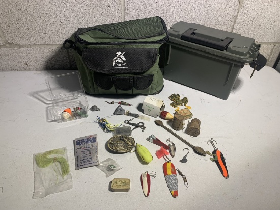 Assortment of Fishing Accessories, Plastic Ammo Box, Zebco 40th Anniversary Belt Buckle & More