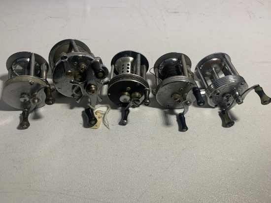 5 Vintage Fishing Reels - Wards Sport King Model 40 B, Shakespeare True Blue 1956 Model GE