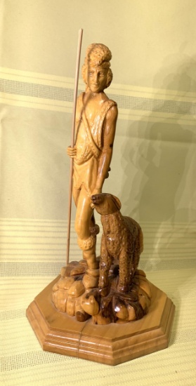 Carved Wooden Shepard & Lamb Statue
