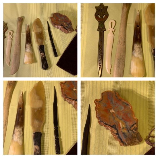 Group of Carved Bone Items - Shoe Horn Knife, Letter Opener & Petrified Wood