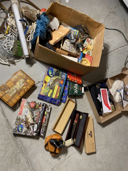 Box of old fishing - knife, reels, lures etc