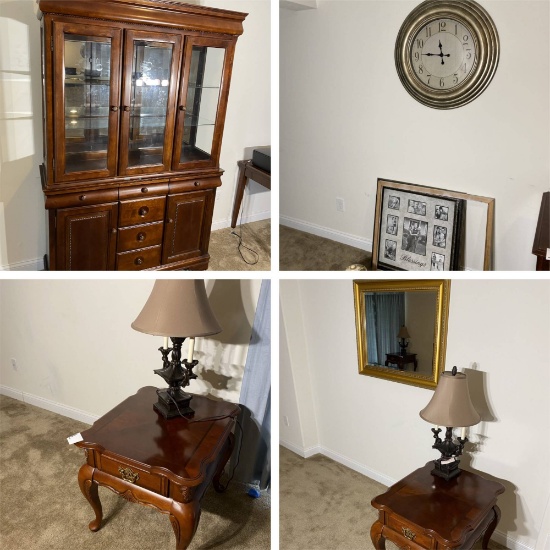 China cabinet, clock, frames, lamp tables, lamps, mirror