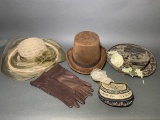 Vintage Leather Gloves, Purse, Top Hat & Women's Hats