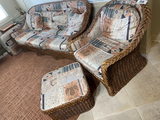 Wicker Couch, Chair and Footstool Furniture Set