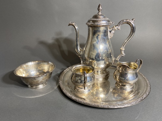 Sterling Silver Tea Set, Sterling Tray, Sterling Bowl - 1841 grams.