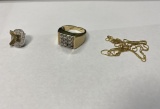 14k gold, diamond men's ring PLUS 10k pin, 14k chain