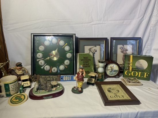 Great Group of Golf Collectibles - Wall Clock, Pictures, Mug, Figures & More