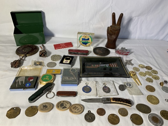 Large Group of Tokens, Medallions, '70's Carved Peace Sign and More