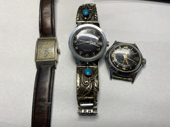 3 vintage watches including Bulova, Timex w/Sterling Tips