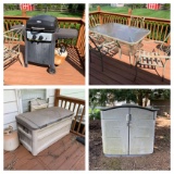 Patio Table, Chairs, Grill, Sunbeam Outdoor Storage & Rubbermaid Shed