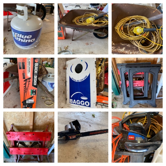 Propane Tank, Wheel Barrel, Extension Cords, Hedge Trimmer, Saw Horses, Toro Blower & More