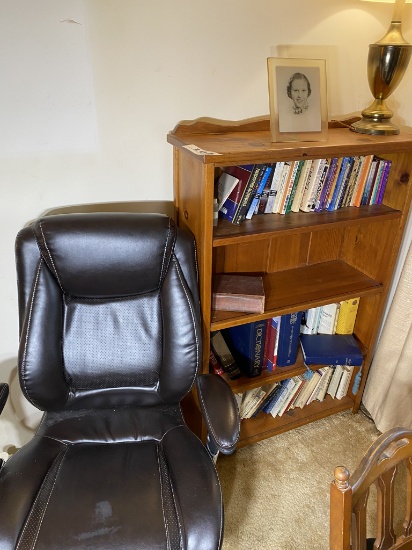 Bookshelf, MCM lamp, books, office chair