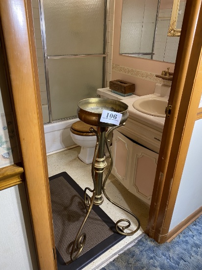 Bathroom contents including vintage brass plant stand