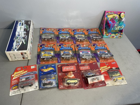 Muscle Machine, Johnny Lightning, Coca-Cola & Hot Wheel Cars, Hess Truck in Box, & Shopkins Cart