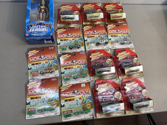 Wonder Woman Action Figure,  7 Johnny Lightning Cars & 7 Johnny Lightning Monopoly Cars