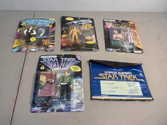 Four SIGNED Star Trek Action Figures (See Photos) & Star Trek Official Blueprints