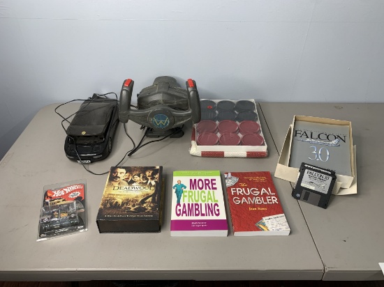 Falcon 30 Flight Simulator, Books, Checkers Game Set, Deadwood Season 1 DVD set, Hot Wheels