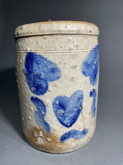 Antique Bumpy Stoneware Crock w/Cobalt Blue Hearts