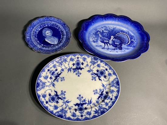 Group lot of antique blue decorated platters, plate