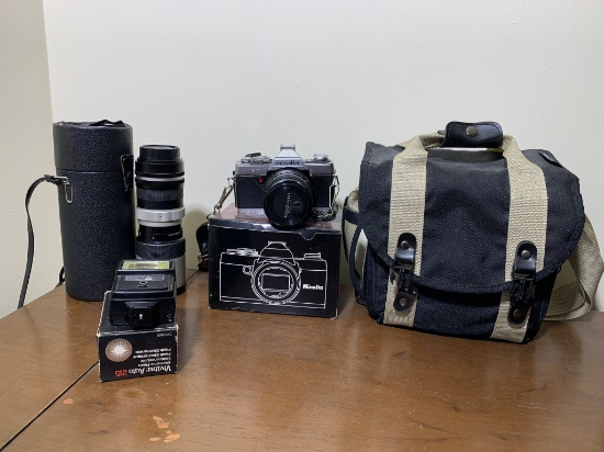 Minolta XG-7 Camera, Vivitar Auto 215 Flash, Bag & More