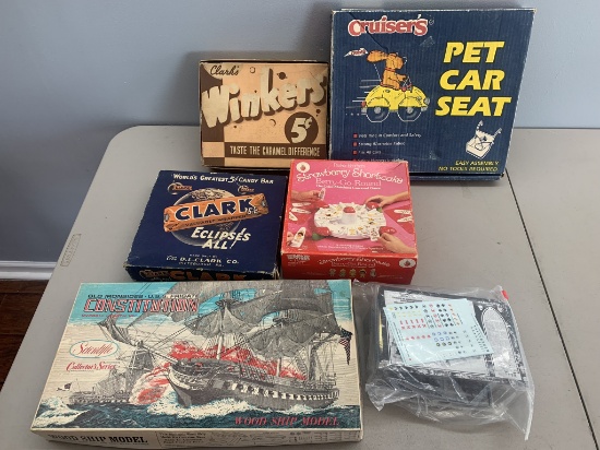 2 Vintage Clarks Candy Bar Boxes, Strawberry Shortcake Game,Pet Carrier & More
