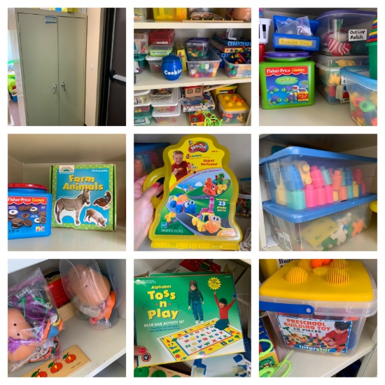Metal Storage Cabinet & Contents - Great Assortment of Education Learning Games, Mr. Potato Head
