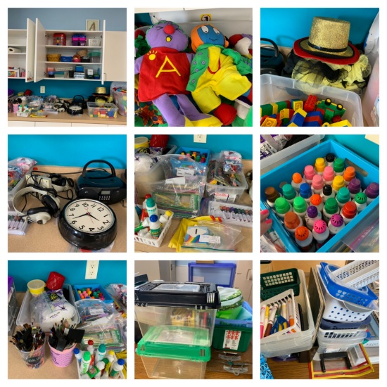Large Group of Puppets, Legos, Clock, Headphones, Paint, Baskets, Butterfly Catching Items