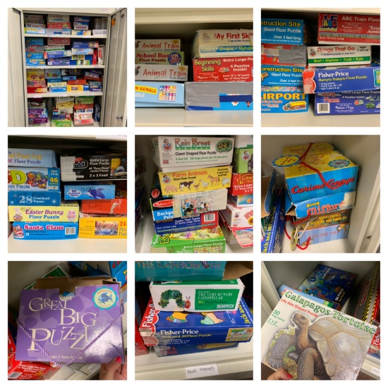 Metal Storage Cabinet & Contents - Large Selection of Children's Puzzles