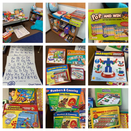Large Group of Educational Material, Games, Globe, Shelf, Writing Pads, Table. See Photos