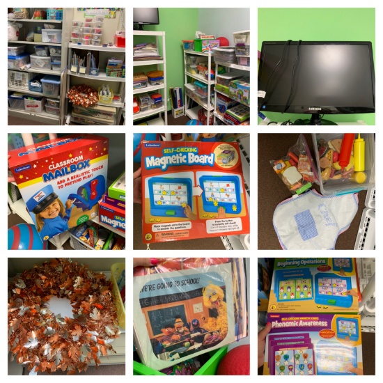 Large Group of Great Educational Items, Decorations, Samsung Monitor, Shelves, Metal Cabinet