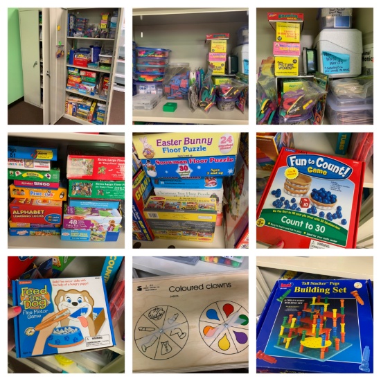 2 Metal Storage Cabinets with Contents - Great Group of Educational Items.  See Photos