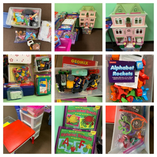 Large Group of Kids Toys, Doll House, Educational Items, Platy Food & More
