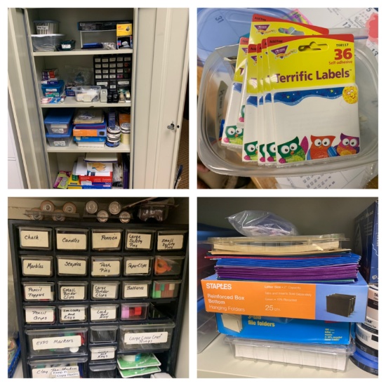 Metal Cabinet & Contents - Large Group of Office Supplies.  See Photos