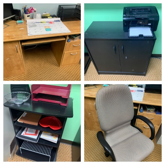 Office Desk, Black Cabinet, Printer, Black Shelf & Contents, Office Chair, Filing Cabinet