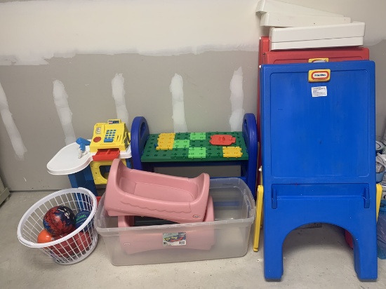 3 Fisher Price Easels, Gear Table, Baby Cradles, Play Cash  Register & Balls