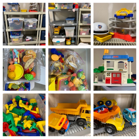 2 Plastic Storage Shelves & Contents - Construction Vehicles, Play Kitchen Food, Dressup